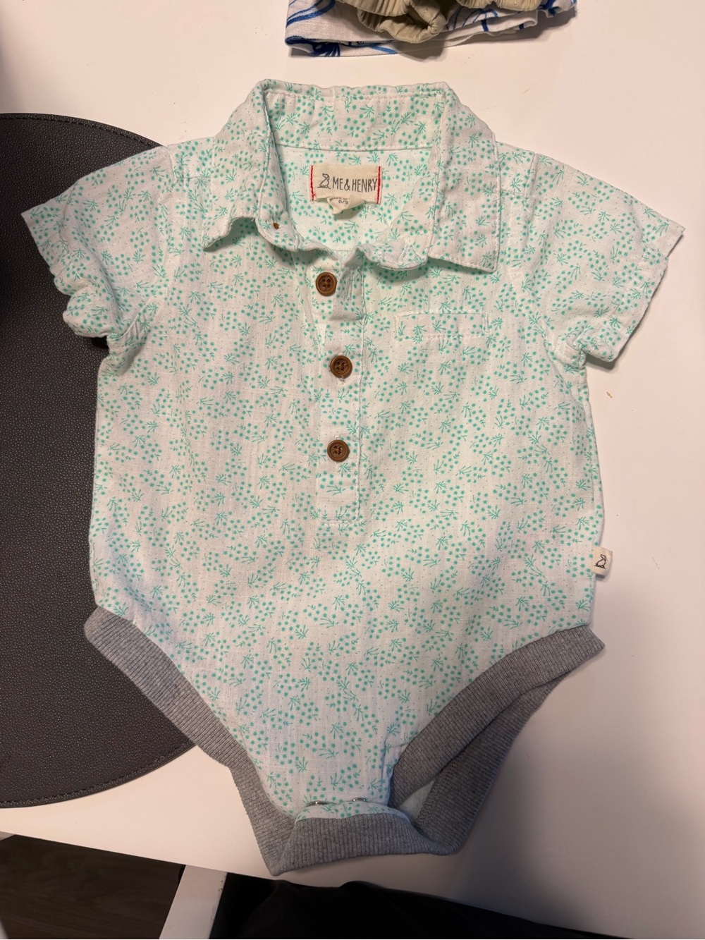 Zutano-Style Mint Floral Baby One-Piece Bodysuit with Collar